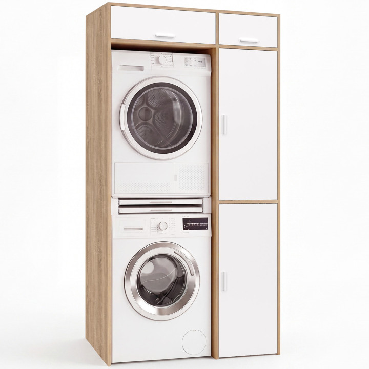 WALLIS-wasruimtekast met boven elkaar geplaatste wasmachine en droger, met opbergkast in hout en wit