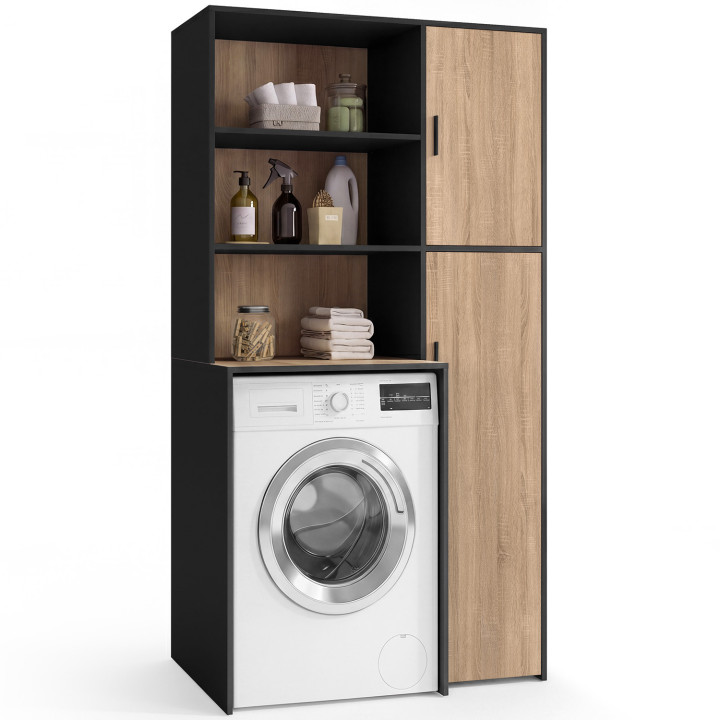 Mueble de lavadero para lavadora o secadora WALLIS con estantes y armario de almacenamiento en negro y madera