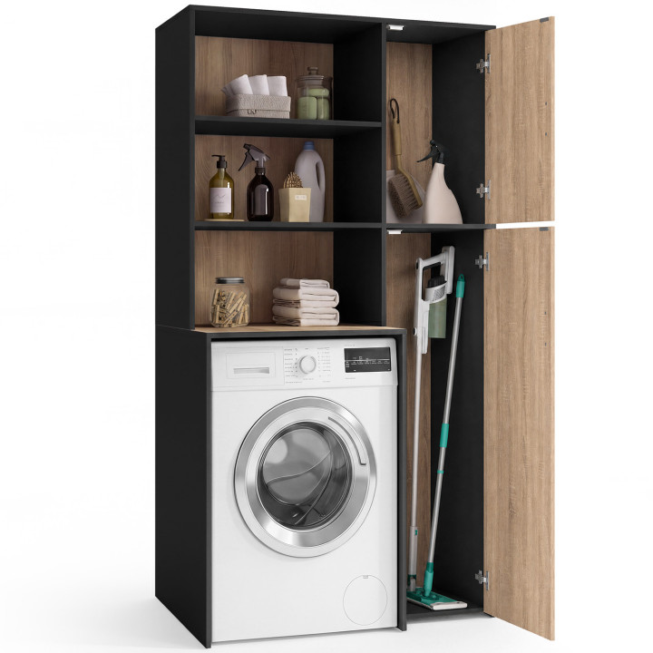 Meuble buanderie machine à laver ou sèche-linge WALLIS  avec étagères ouvertes et placard de stockage noir et bois
