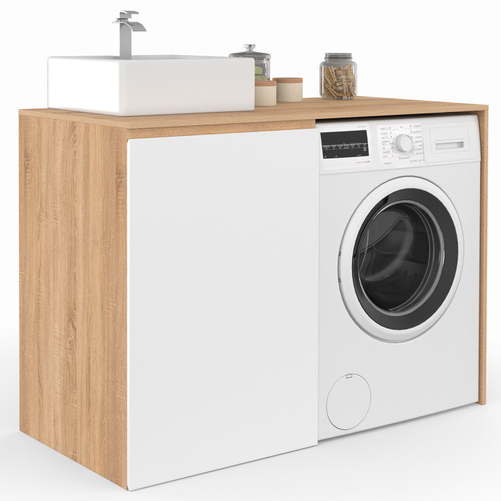 Mueble para lavadora o secadora con armario TOMI, mueble para lavabo de madera con acabado en haya y blanco