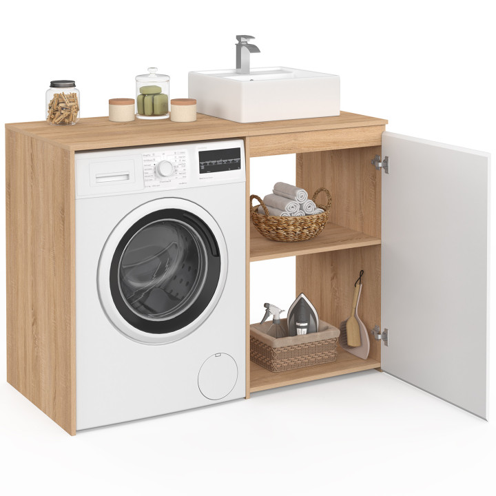 Mueble para lavadora o secadora con armario TOMI, mueble para lavabo de madera con acabado en haya y blanco