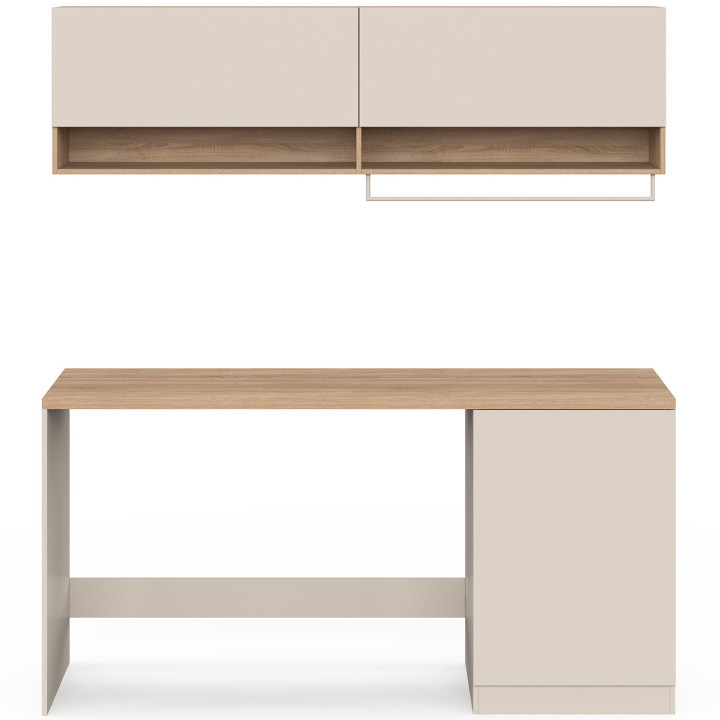 TOMI-wasruimtekast voor wasmachine en droger met werkblad van 180 cm breed en beige en houten kasten