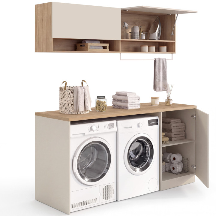 TOMI-wasruimtekast voor wasmachine en droger met werkblad van 180 cm breed en beige en houten kasten