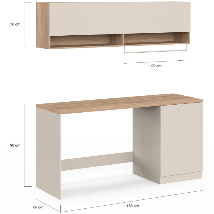 Mobile per lavanderia con lavatrice e asciugatrice TOMI, con piano di lavoro L. 180 cm e armadietti beige e in legno