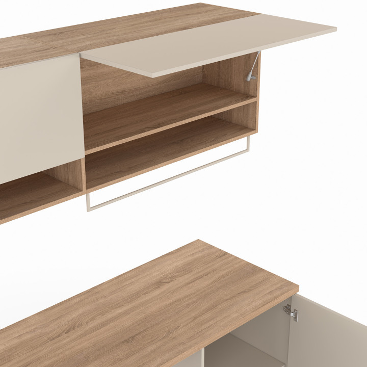 TOMI-wasruimtekast voor wasmachine en droger met werkblad van 180 cm breed en beige en houten kasten