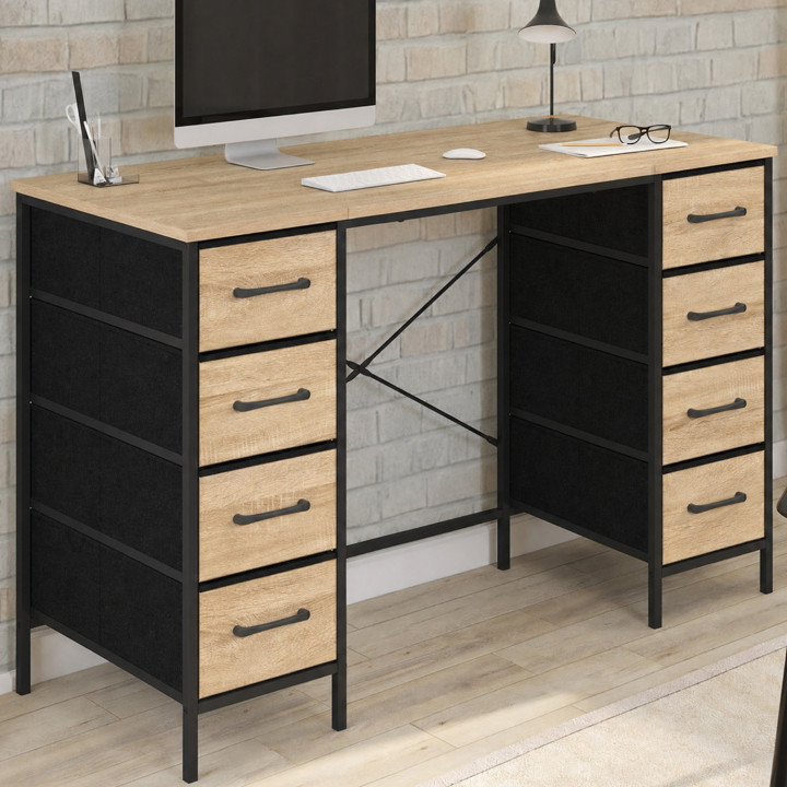 Bureau met 8 stoffen lades, 120 x 45 cm, UTAH, hout en zwart, industrieel design