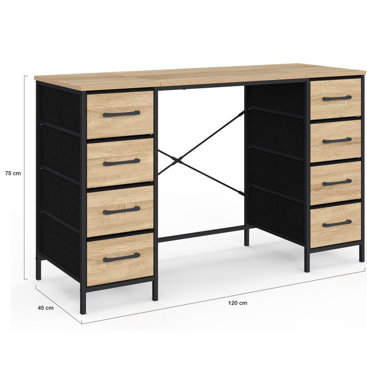 Bureau met 8 stoffen lades, 120 x 45 cm, UTAH, hout en zwart, industrieel design