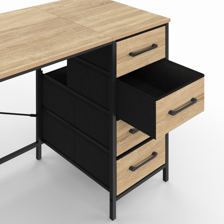 Bureau met 8 stoffen lades, 120 x 45 cm, UTAH, hout en zwart, industrieel design