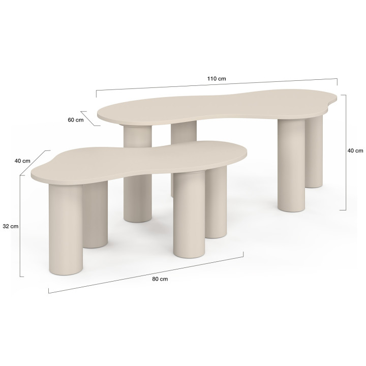Set van 2 in elkaar schuifbare salontafels ORGANIQUE 80/110 cm, beige hout