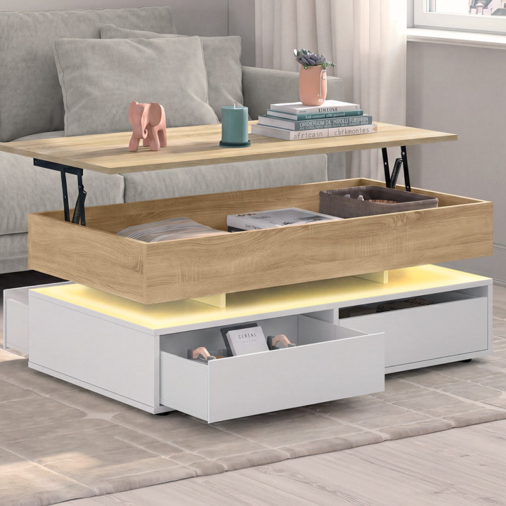 Table basse plateau relevable rectangulaire ELSA 90 cm 2 tiroirs avec LED en bois blanc et plateau façon hêtre