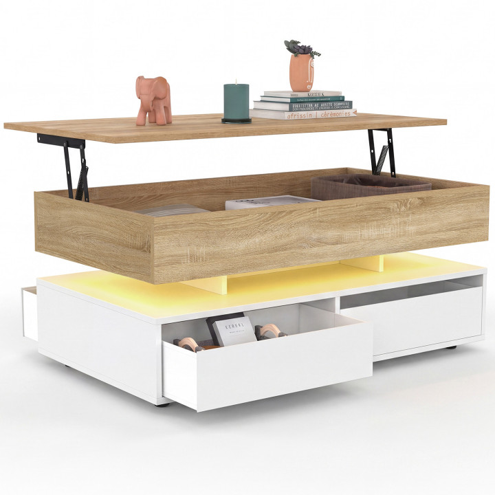 Mesa de centro rectangular con tablero elevable ELSA de 90 cm, 4 cajones con iluminación LED, de madera blanca y tablero con aca