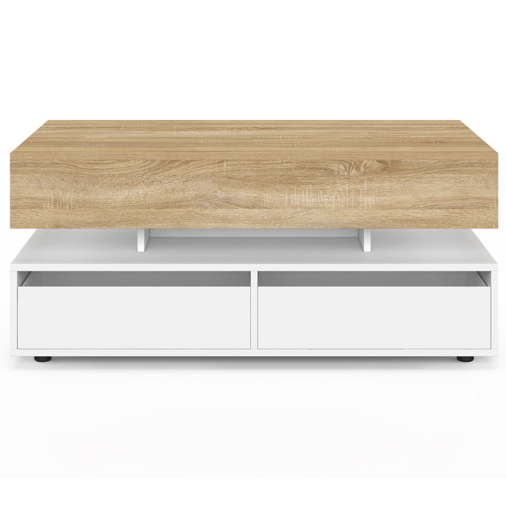 Table basse plateau relevable rectangulaire ELSA 90 cm 2 tiroirs avec LED en bois blanc et plateau façon hêtre