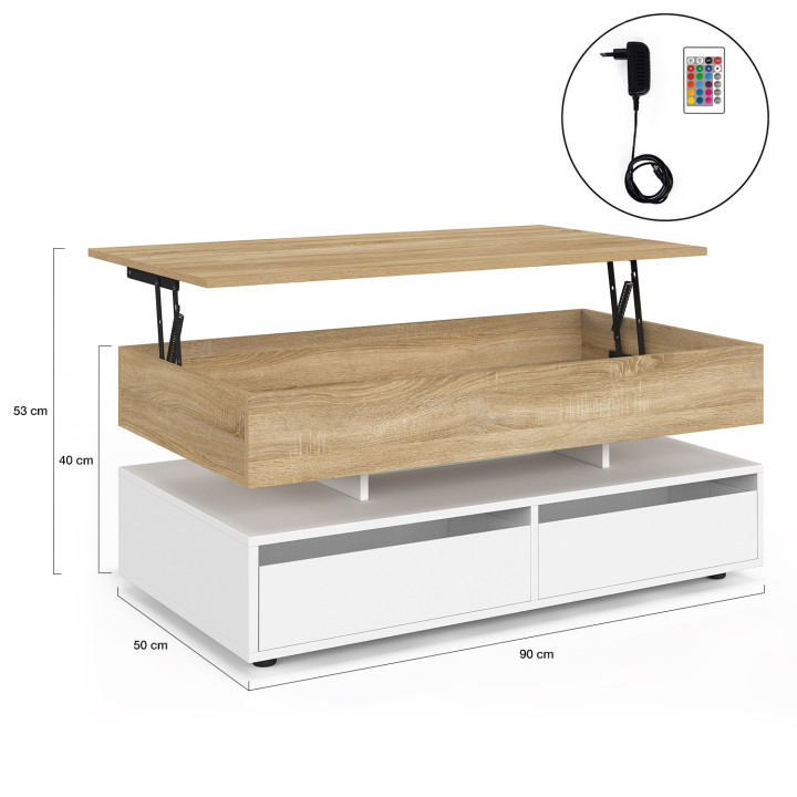 Rechthoekige salontafel ELSA met opklapbaar blad, 90 cm, 4 lades met LED-verlichting, van wit hout en met een blad in beukenhout