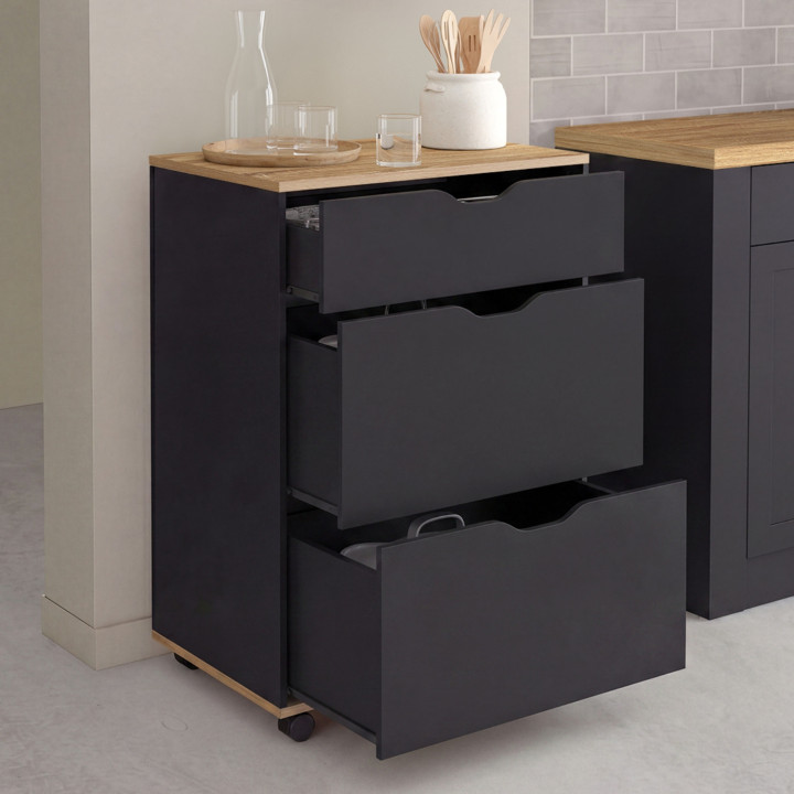Desserte de cuisine COSY 3 tiroirs casserolier bois noir et plateau façon hêtre L. 60 cm