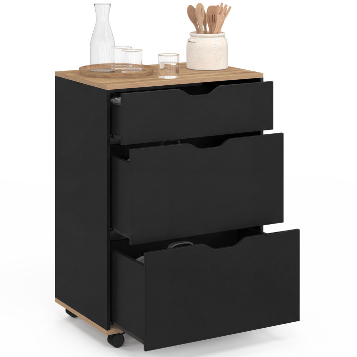 Desserte de cuisine COSY 3 tiroirs casserolier bois noir et plateau façon hêtre L. 60 cm