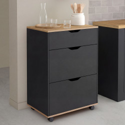 Desserte de cuisine COSY 3 tiroirs casserolier bois noir et plateau façon hêtre L. 60 cm