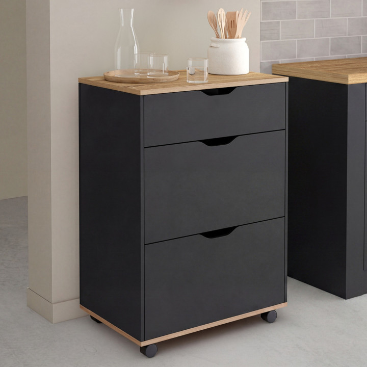 Desserte de cuisine COSY 3 tiroirs casserolier bois noir et plateau façon hêtre L. 60 cm