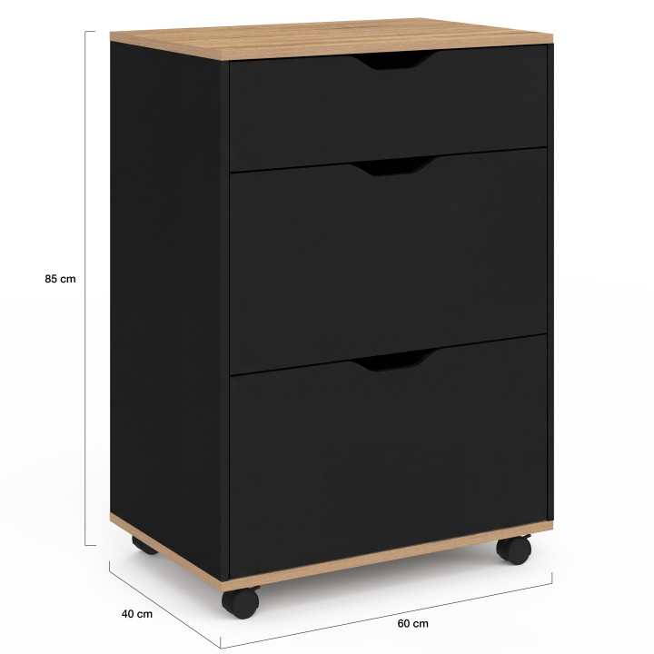 Mobile da cucina da 60 cm COSY con 3 cassetti, finitura faggio e nero