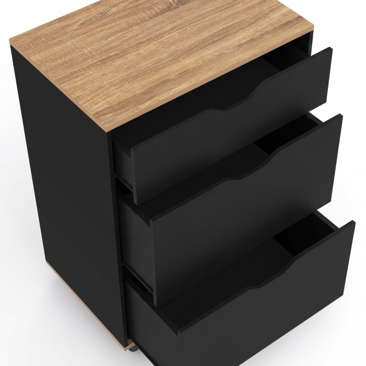 Mobile da cucina da 60 cm COSY con 3 cassetti, finitura faggio e nero