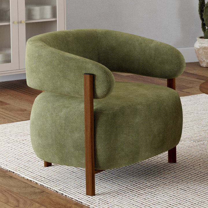 Poltrona ALBERT in tessuto di ciniglia verde con gambe in legno scuro