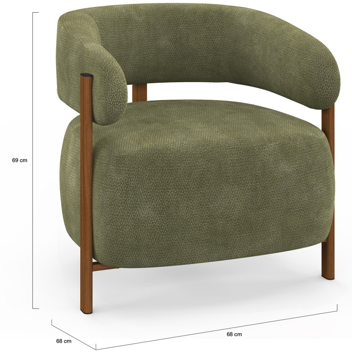 Poltrona ALBERT in tessuto di ciniglia verde con gambe in legno scuro