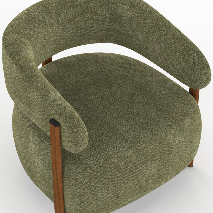 Poltrona ALBERT in tessuto di ciniglia verde con gambe in legno scuro