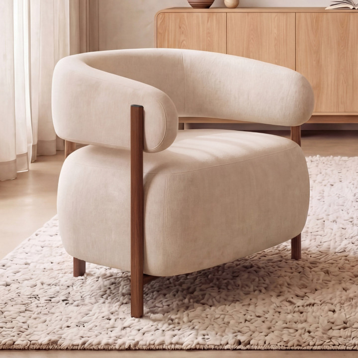 Poltrona ALBERT in tessuto chenille beige con gambe effetto noce