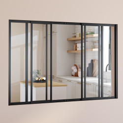 Zwart metaal en gehard glas 6-glass schuifdak B. 160 x H. 108 cm