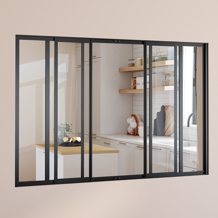 Metal negro y cristal templado Techo corredizo de 6 cristales An. 160 x Al. 108 cm