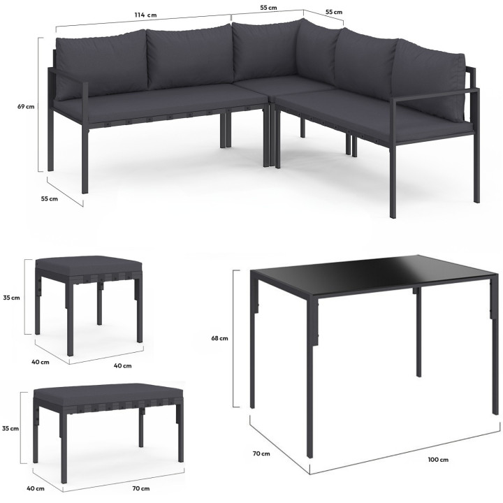 Set da giardino da pranzo angolare a 8 posti in metallo con cuscini grigi, composto da tavolo da pranzo, divano angolare, panca
