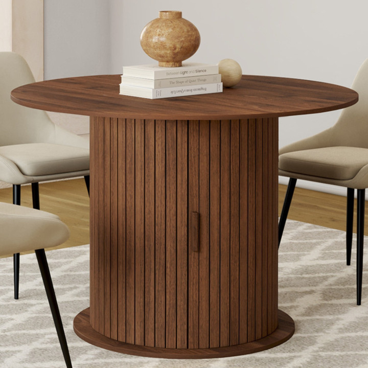 JULIETTE Tavolo da pranzo rotondo allungabile per 4-8 persone con gambe a doghe e contenitore in noce 110-150 cm