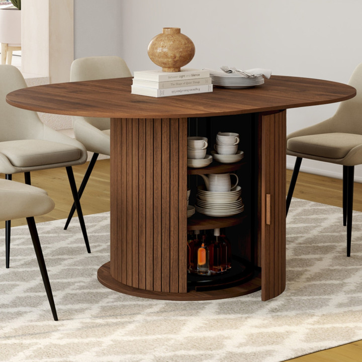 JULIETTE Tavolo da pranzo rotondo allungabile per 4-8 persone con gambe a doghe e contenitore in noce 110-150 cm