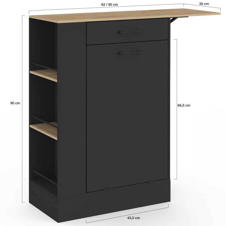 Kompaktes Küchenbuffet 90 cm TIBO mit Abfalleimer, Klappboden, 1 Schublade und 3 Seitenregalen Holz und Schwarz