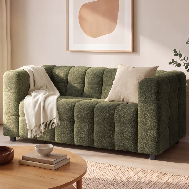 2-Sitzer-Sofa AMANCE in gerader Ausführung, gepolstert, aus khakigrünem Chenille-Stoff