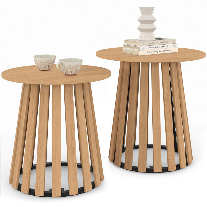 Lot de 2 tables d'appoint rondes, bouts de canapé CARMEN 35/45 cm pied bois en lattes et plateau bois