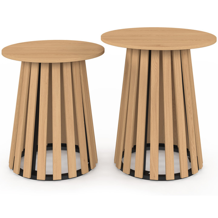 Lot de 2 tables d'appoint rondes, bouts de canapé CARMEN 35/45 cm pied bois en lattes et plateau bois