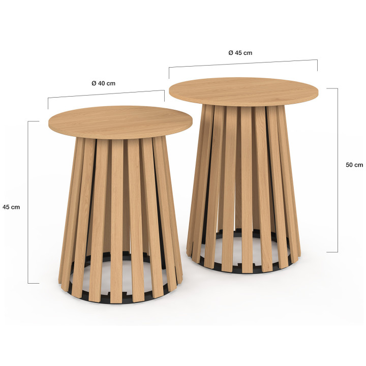 Lot de 2 tables d'appoint rondes, bouts de canapé CARMEN 35/45 cm pied bois en lattes et plateau bois