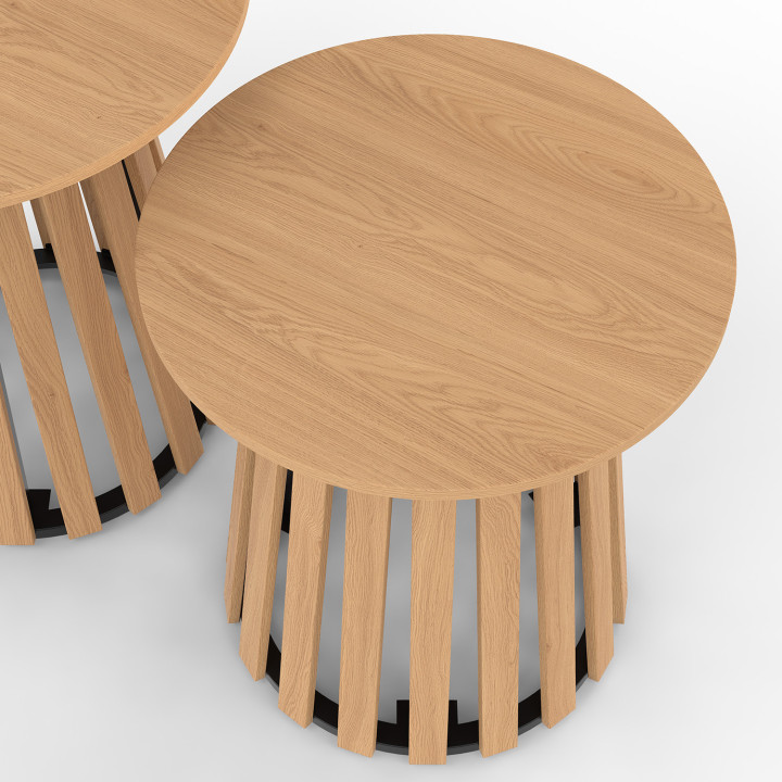 Set van 2 ronde bijzettafels, salontafels, nachtkastjes CARMEN 40/45 cm met houten poot van latten en houten tafelblad