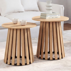 Set van 2 ronde bijzettafels, salontafels, nachtkastjes CARMEN 40/45 cm met houten poot van latten en houten tafelblad