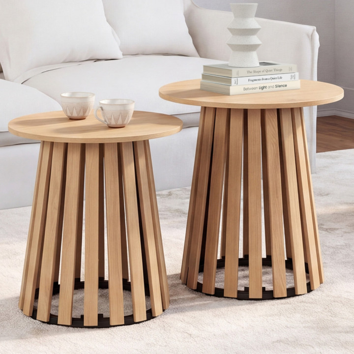Set van 2 ronde bijzettafels, salontafels, nachtkastjes CARMEN 40/45 cm met houten poot van latten en houten tafelblad