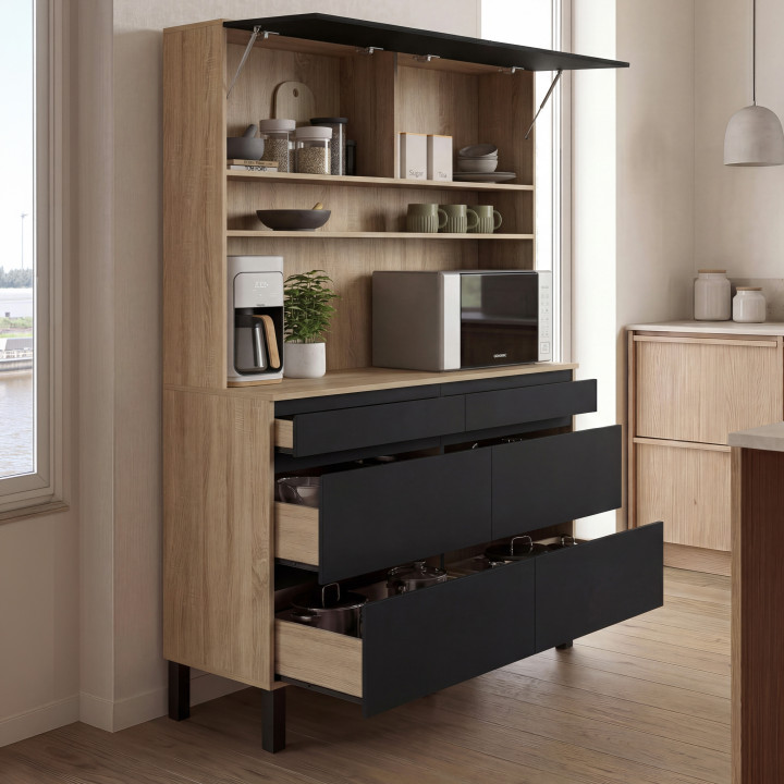 Buffet de cuisine 120 cm CINA avec casserolier XL bois et noir