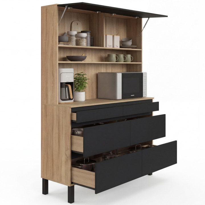 Dubbel keukenkastje met pannenrek, 120 cm, CLAUDE, 6 lades + 1 kastje, hout en zwart