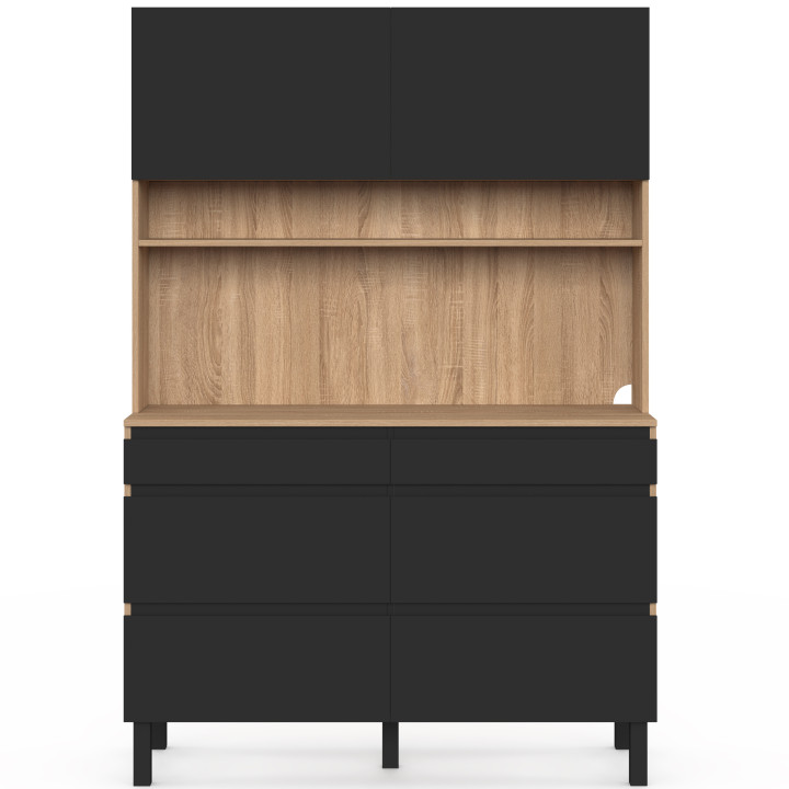 Credenza da cucina a doppia panca per pentole da 120 cm CLAUDE, 6 cassetti + 1 armadio in legno e nero