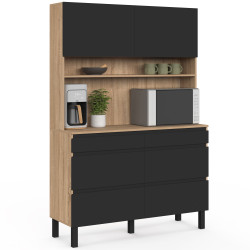 Buffet double casserolier de cuisine 120 cm CLAUDE 6 tiroirs + 1 placard bois et noir