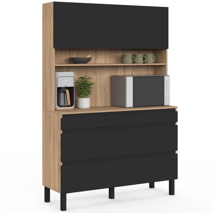 Aparador de cocina doble con espacio para ollas de 120 cm, modelo CLAUDE, con 6 cajones y 1 armario, en madera y negro