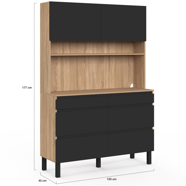 Dubbel keukenkastje met pannenrek, 120 cm, CLAUDE, 6 lades + 1 kastje, hout en zwart