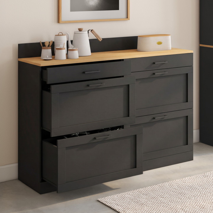 Niedriger Küchenschrank 120 cm mit doppeltem Topfregal, Modell VITO, Arbeitsplatte H. 83 cm, 6 schwarze Schubladen und Platte in