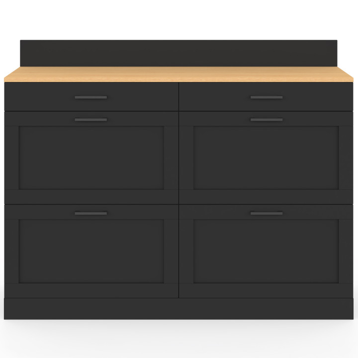 Credenza bassa da cucina da 120 cm con doppio vano per pentole VITO, piano di lavoro H.83 cm, 6 cassetti neri e ripiano effetto