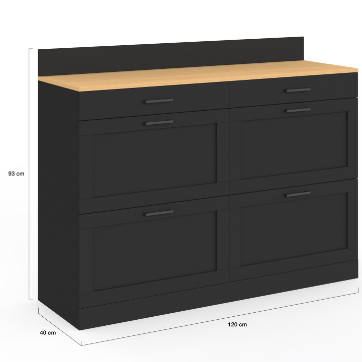 Credenza bassa da cucina da 120 cm con doppio vano per pentole VITO, piano di lavoro H.83 cm, 6 cassetti neri e ripiano effetto