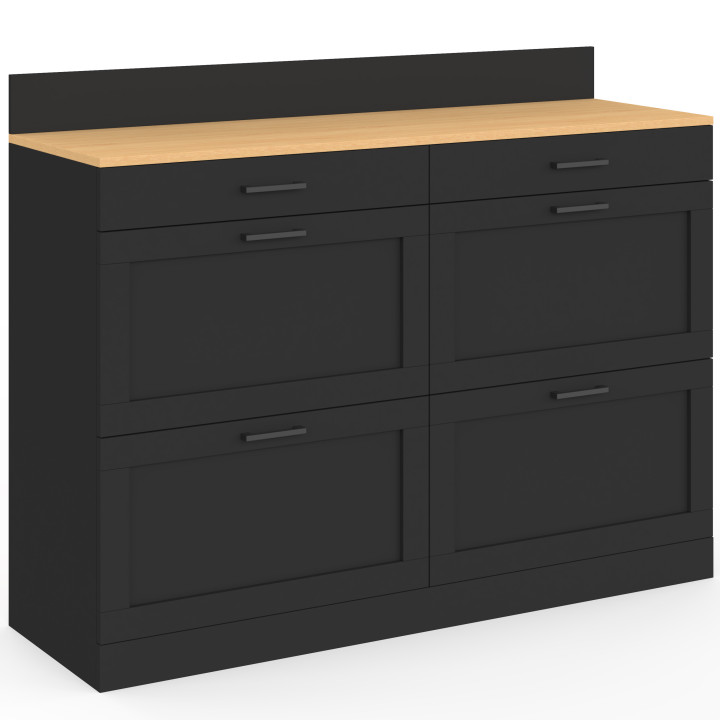 Lage keukenkast van 120 cm met dubbele pannenlade, model VITO, werkblad H.83 cm, 6 zwarte lades en blad in beukenhoutlook